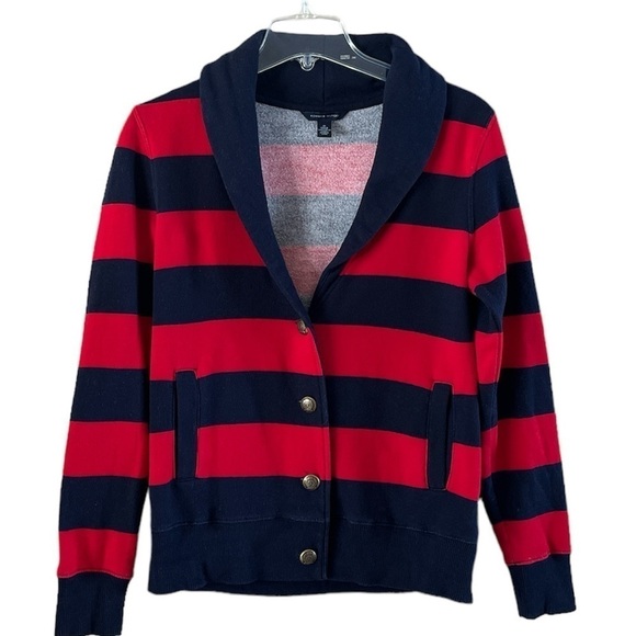 Tommy Hilfiger Sweatshirt Cardigan Red & Blue Striped Long Sleeve Button Size M - Picture 1 of 15
